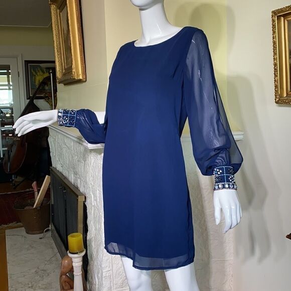 Brigitte Bailey Blue Chiffon Slit Sleeve Rhinestone Cuff Mini Cocktail Dress - Picture 3 of 10